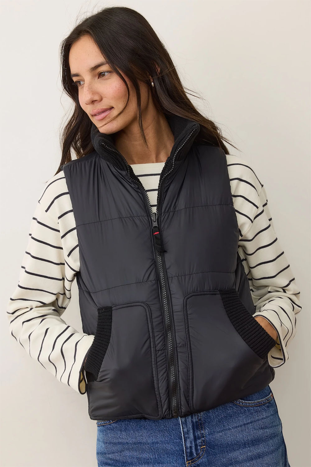 marine layer alba puffer vest black reversed front