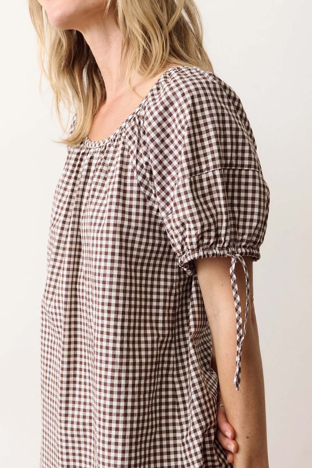 marine layer aleca mini dress chocolate gingham detail