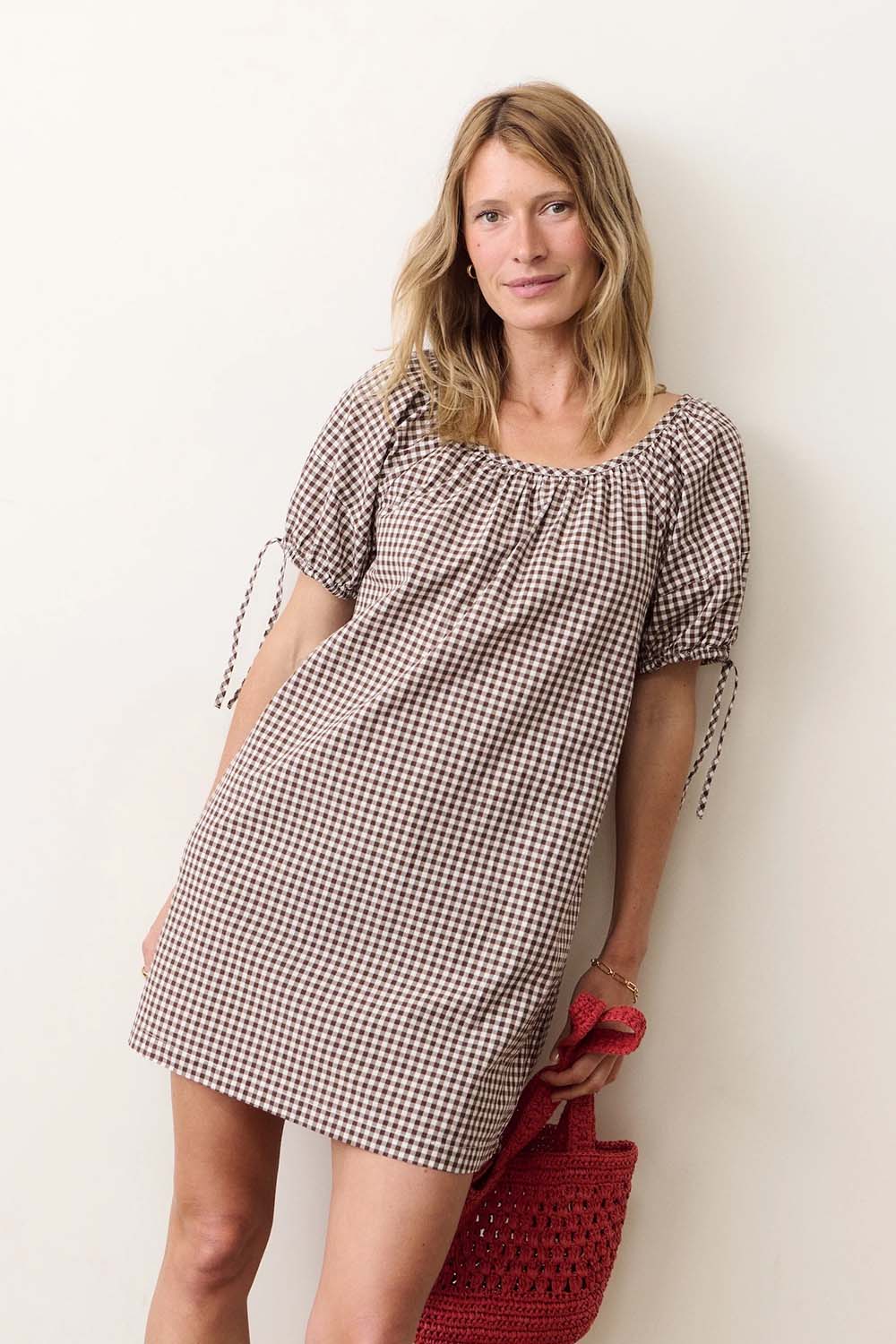 marine layer aleca mini dress chocolate gingham front
