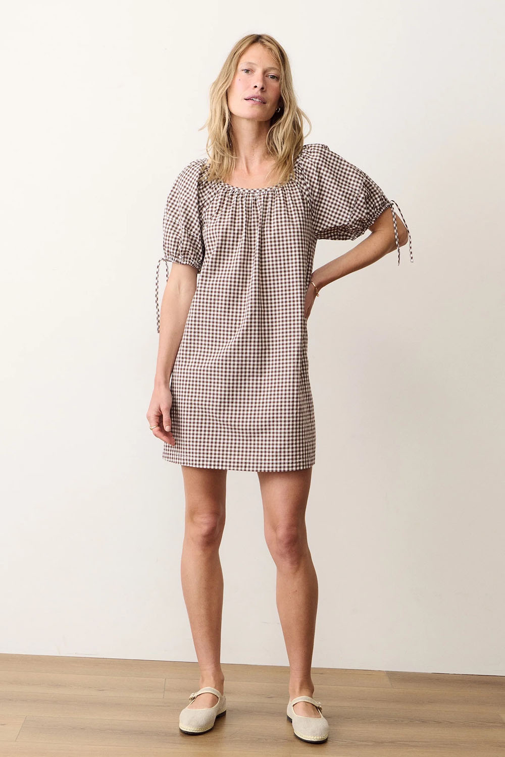 marine layer aleca mini dress chocolate gingham 
