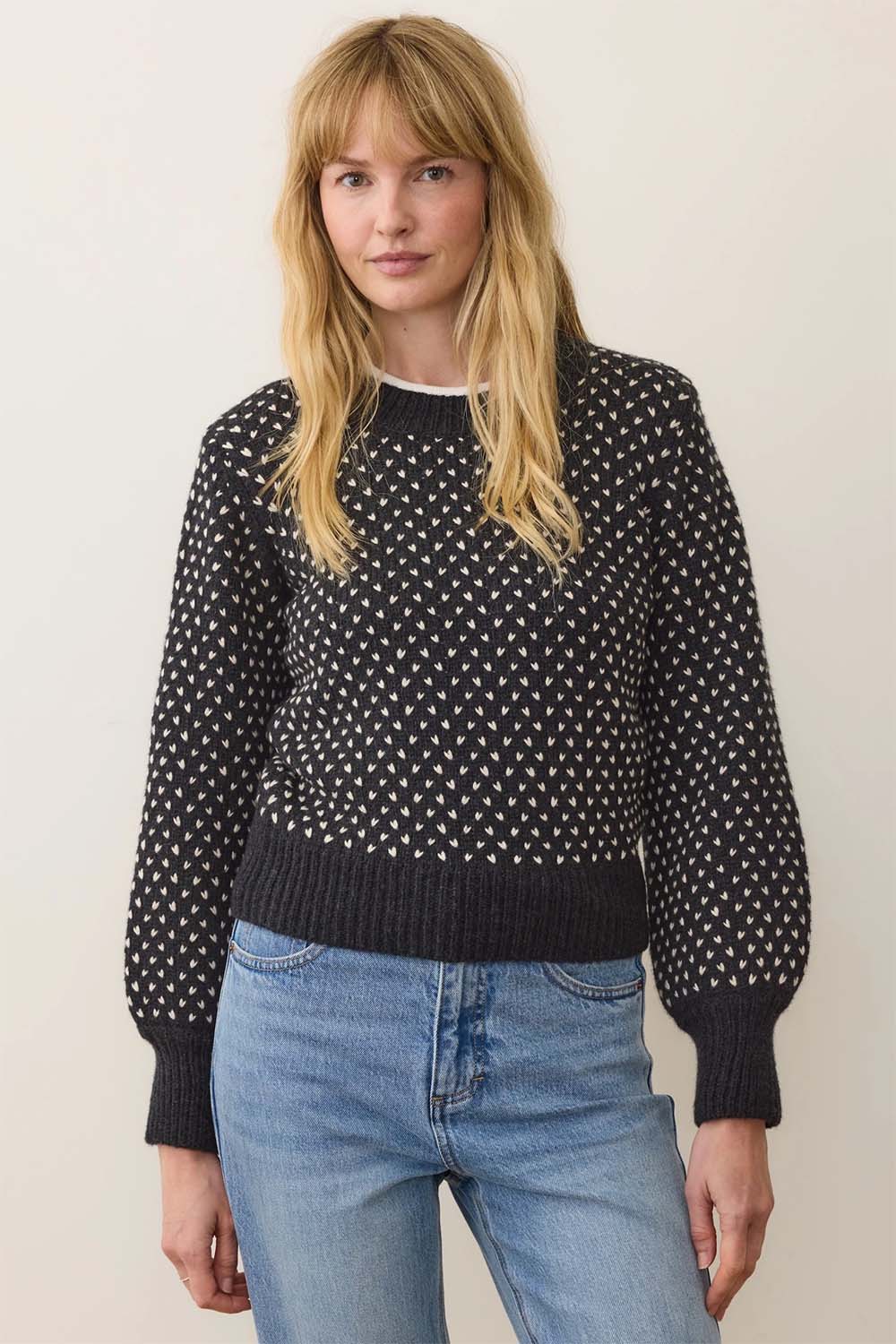 Marine Layer - Alma Puff Sleeve Sweater - Black/White - Front