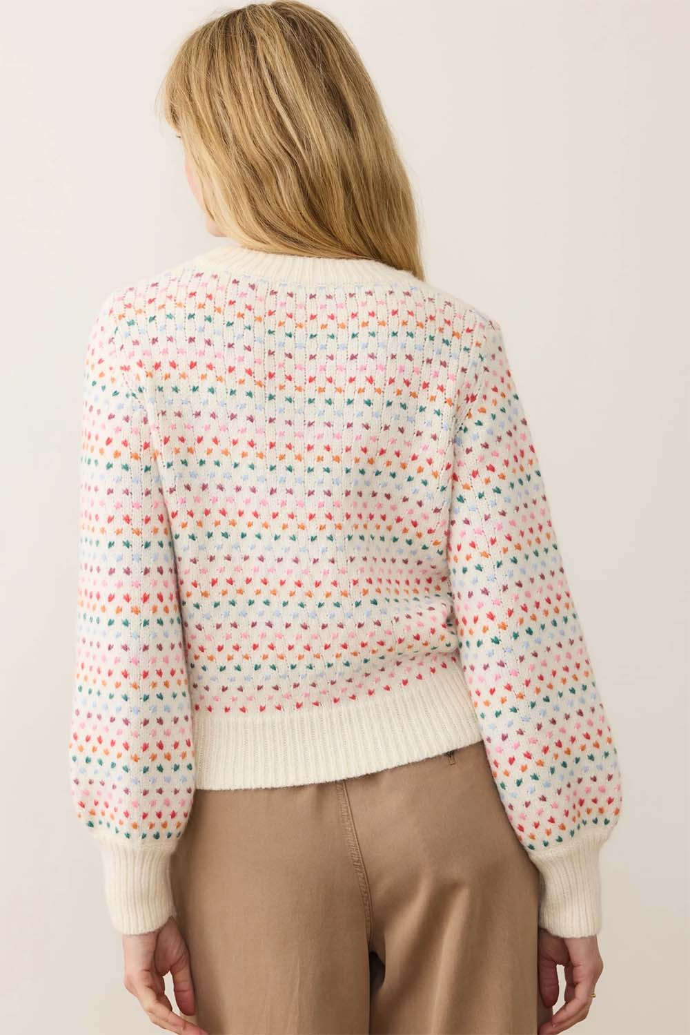 marine layer alma puff sleeve sweater rainbow back