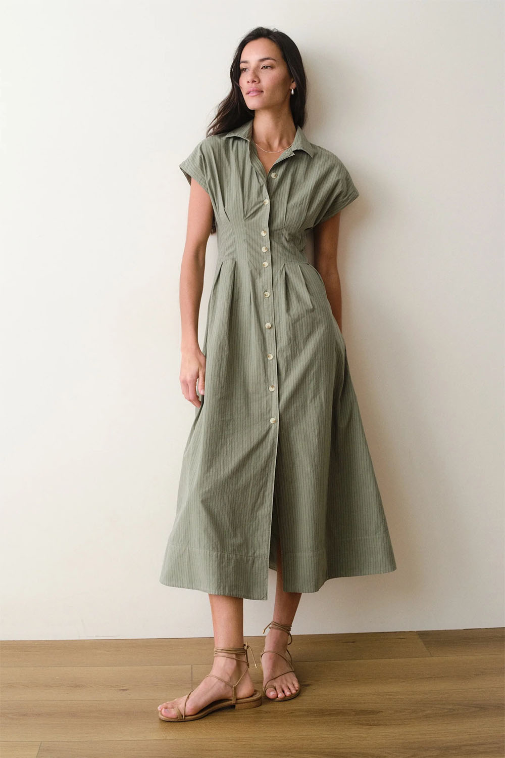marine layer arden midi shirt dress olive navy stripe