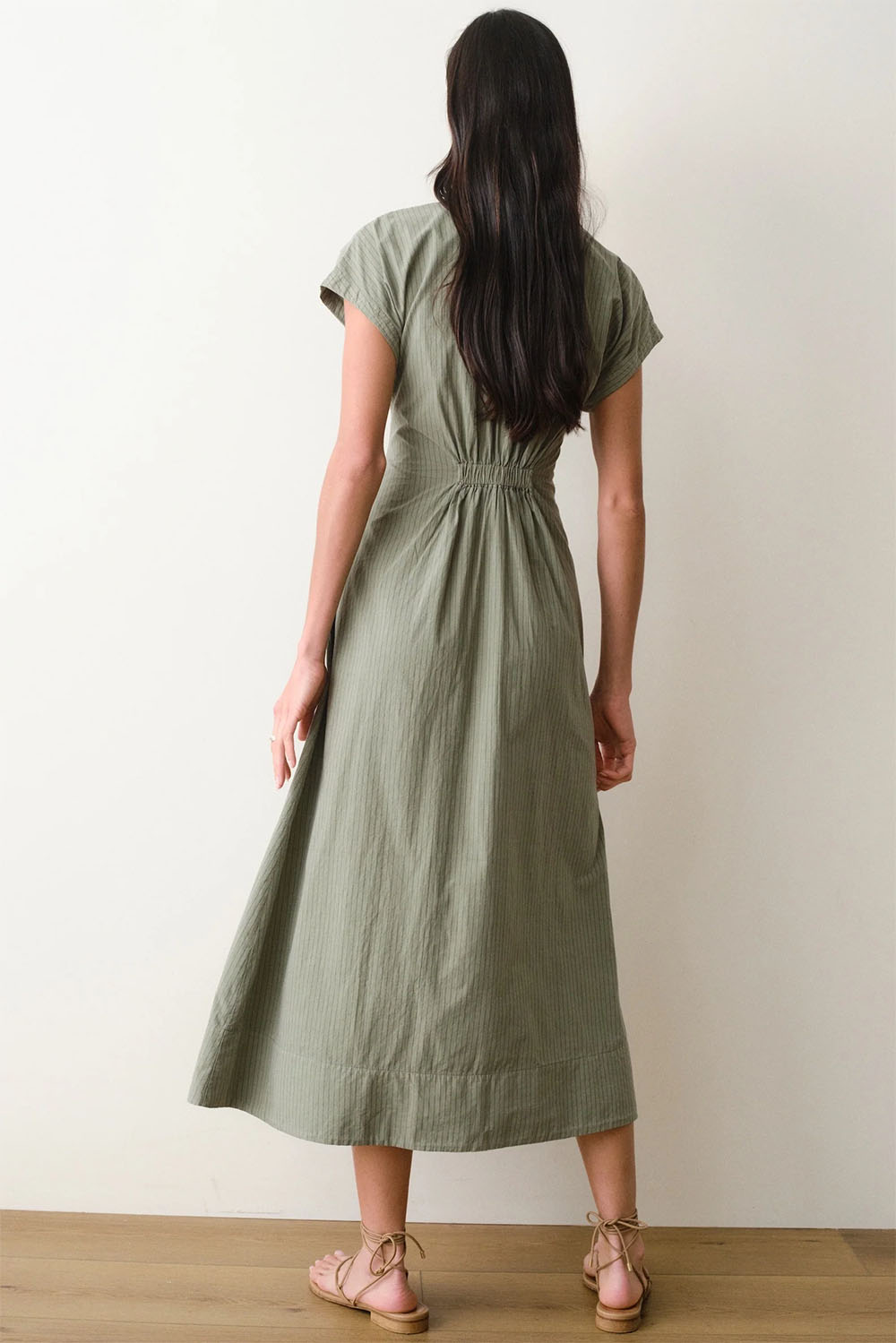marine layer arden midi shirt dress olive navy stripe back