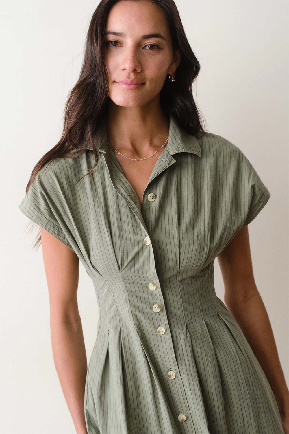 marine layer arden midi shirt dress olive navy stripe detail