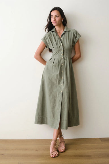 marine layer arden midi shirt dress olive navy stripe front
