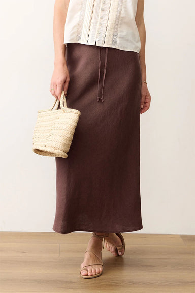marine layer avery midi linen skirt chocolate front