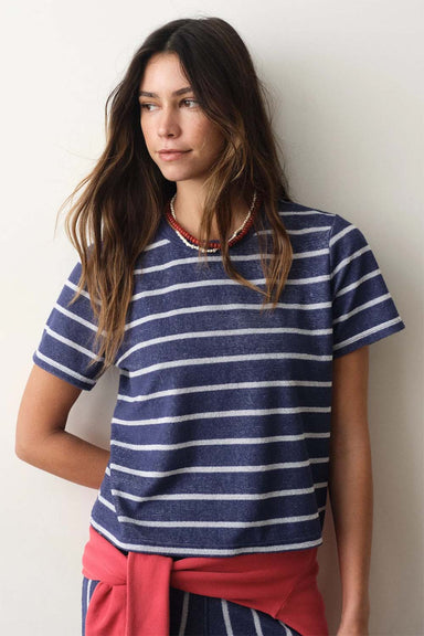 marine layer beach terry crewneck bay blue white stripe front
