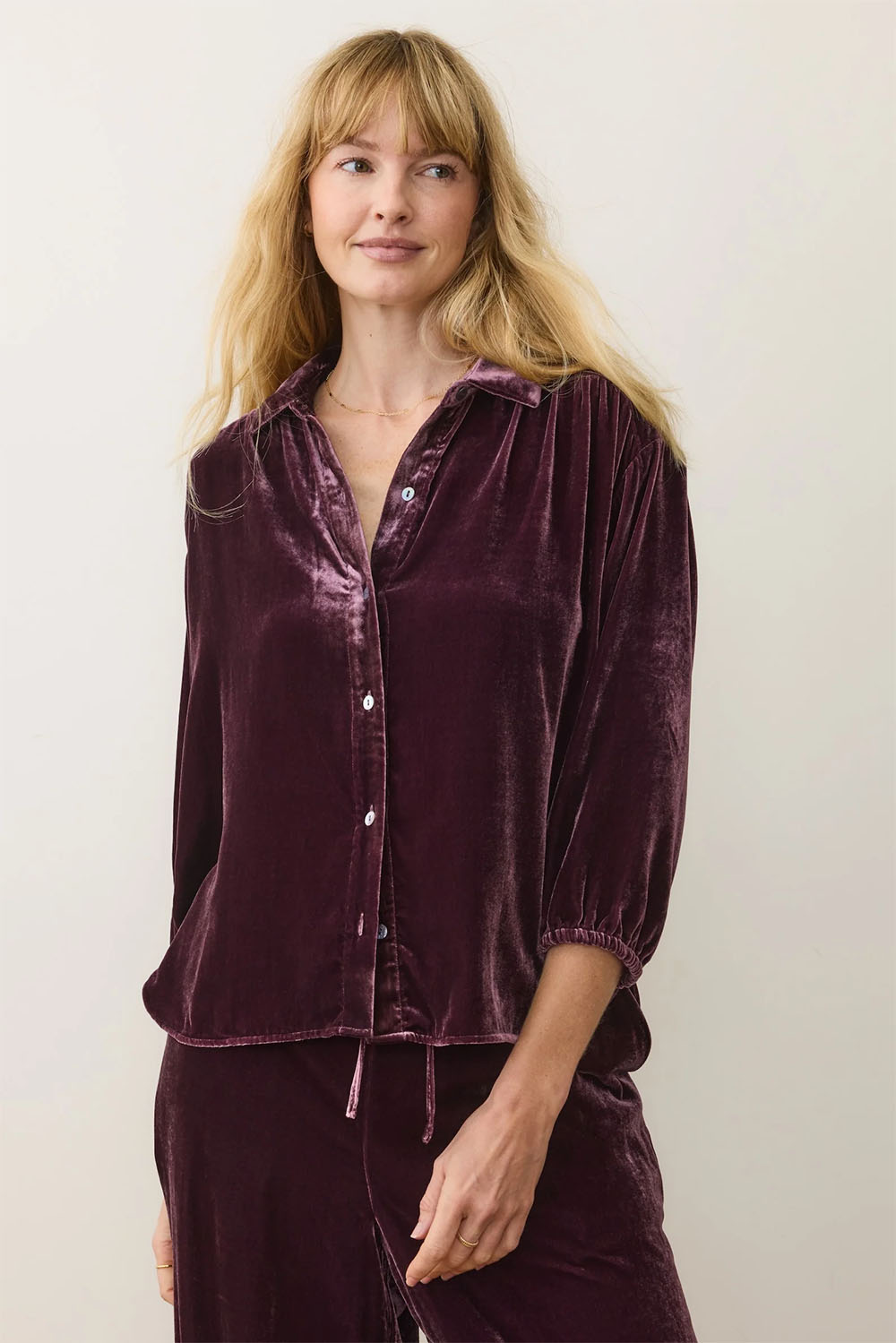 Marine Layer - Bella Velvet Oversized Shirt - Fig - Front