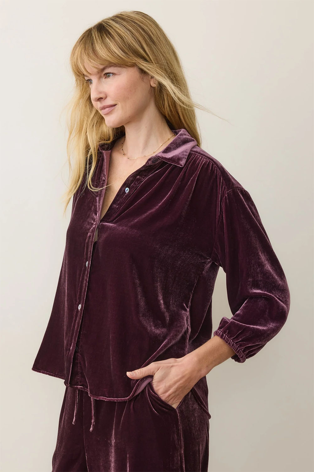 Marine Layer - Bella Velvet Oversized Shirt - Fig - Side