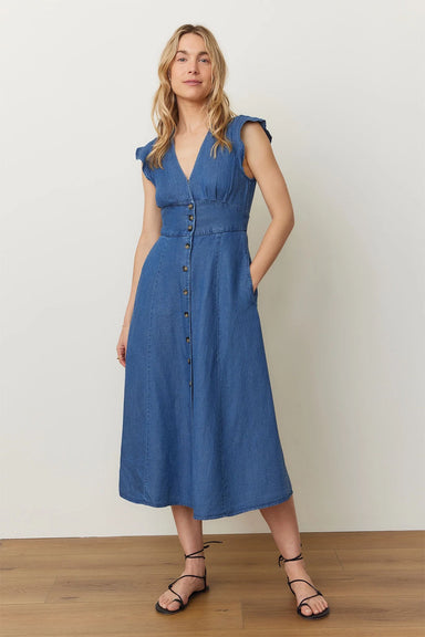 marine layer camila midi dress medium wash front