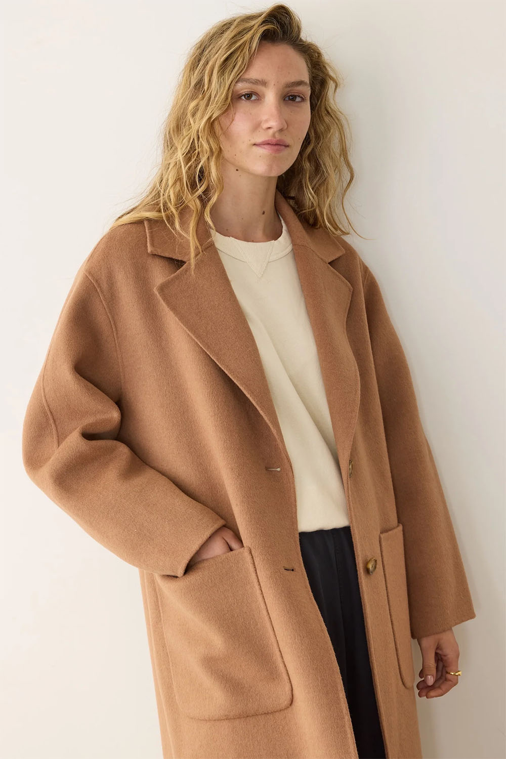 marine layer colette oversized coat camel detail