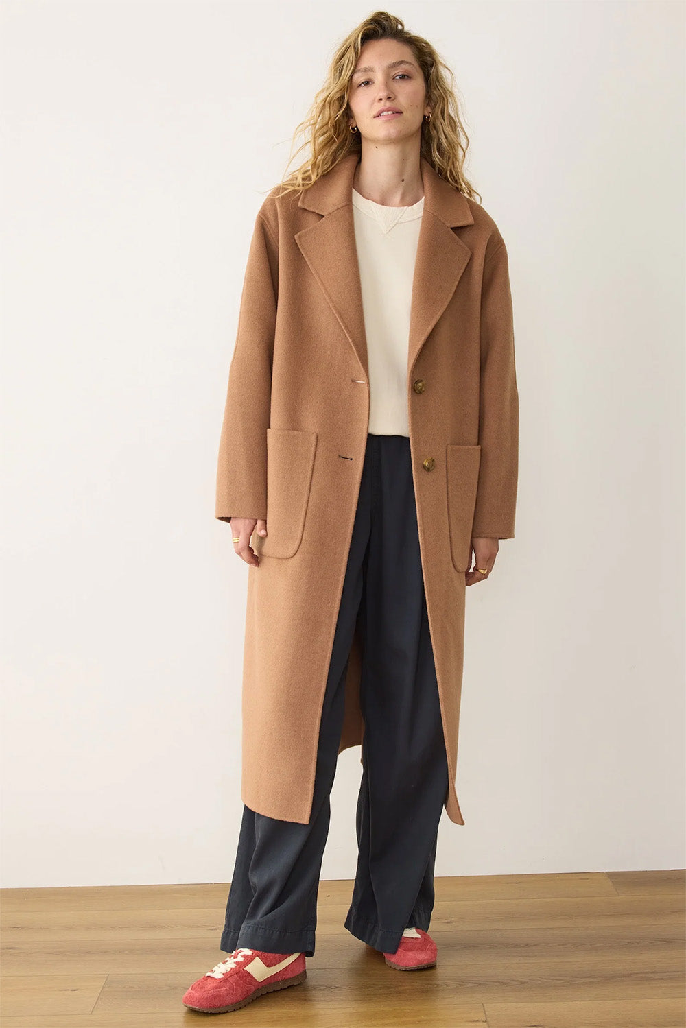 marine layer colette oversized coat camel front