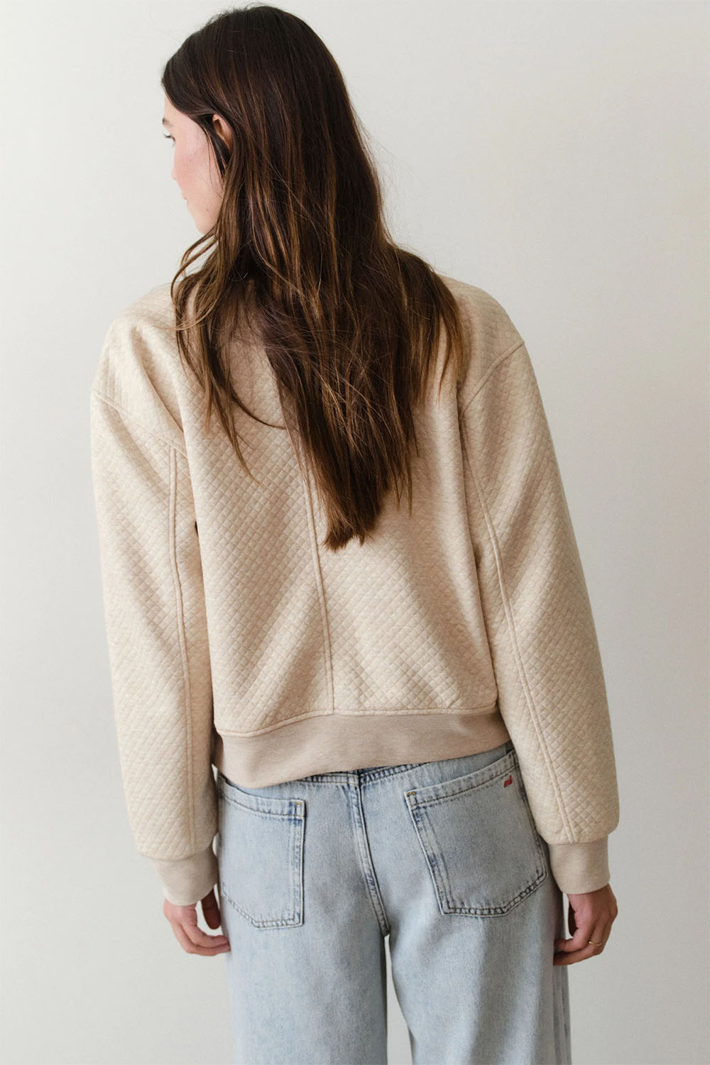 marine layer corbet quilted bomber oatmeal heather back