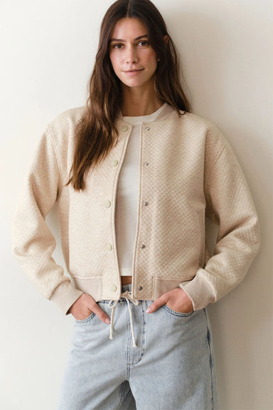 marine layer corbet quilted bomber oatmeal heather front
