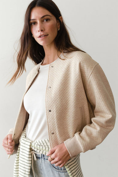 marine layer corbet quilted bomber oatmeal heather profile