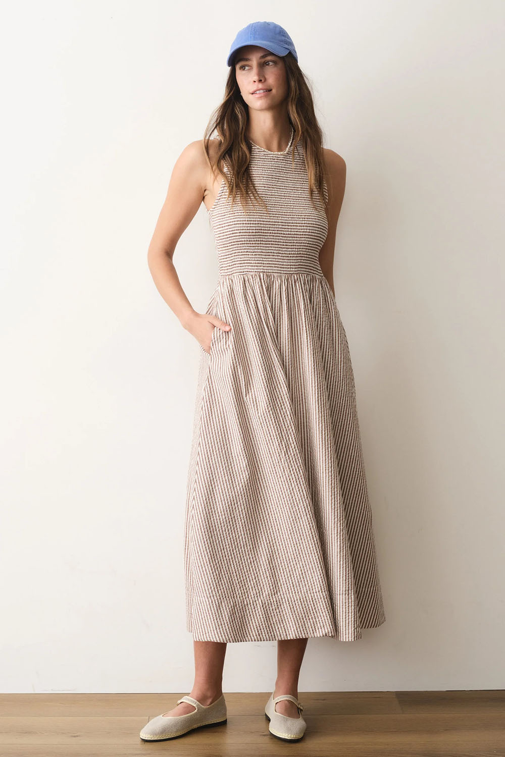 marine layer darcy seersucker maxi mocha stripe front