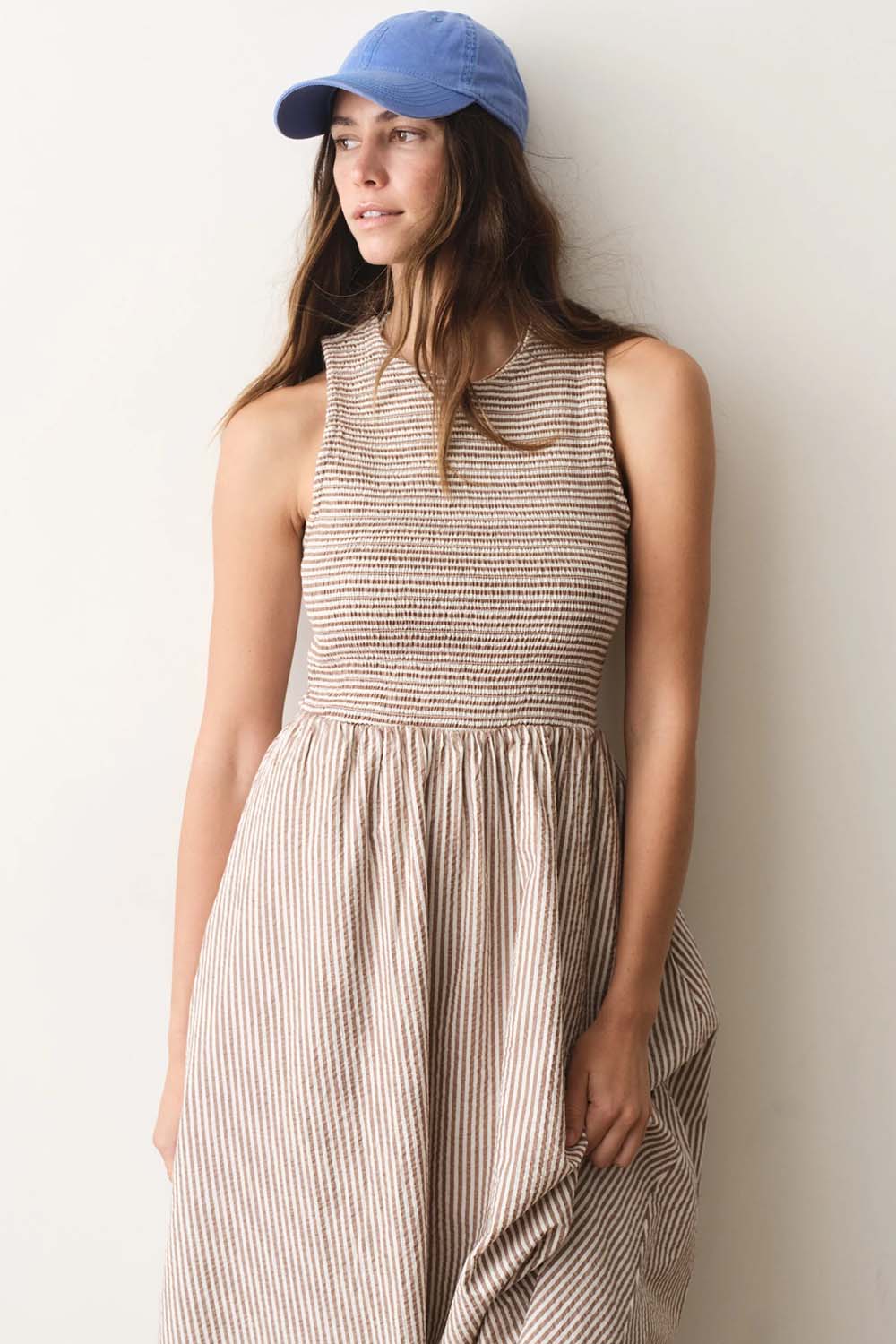 marine layer darcy seersucker maxi mocha stripe front detail