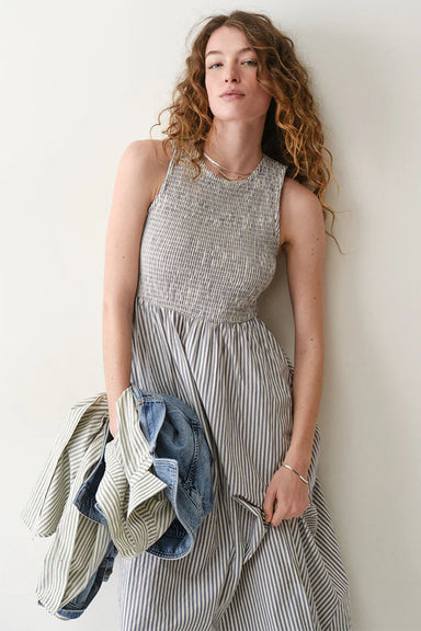 marine layer darcy smocked dress navy stripe front