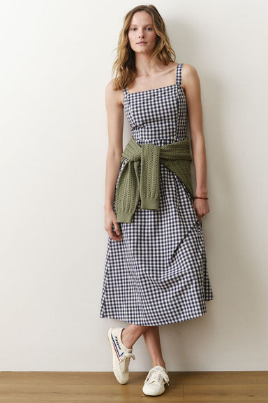 marine layer demi poplin midi dress navy gingham