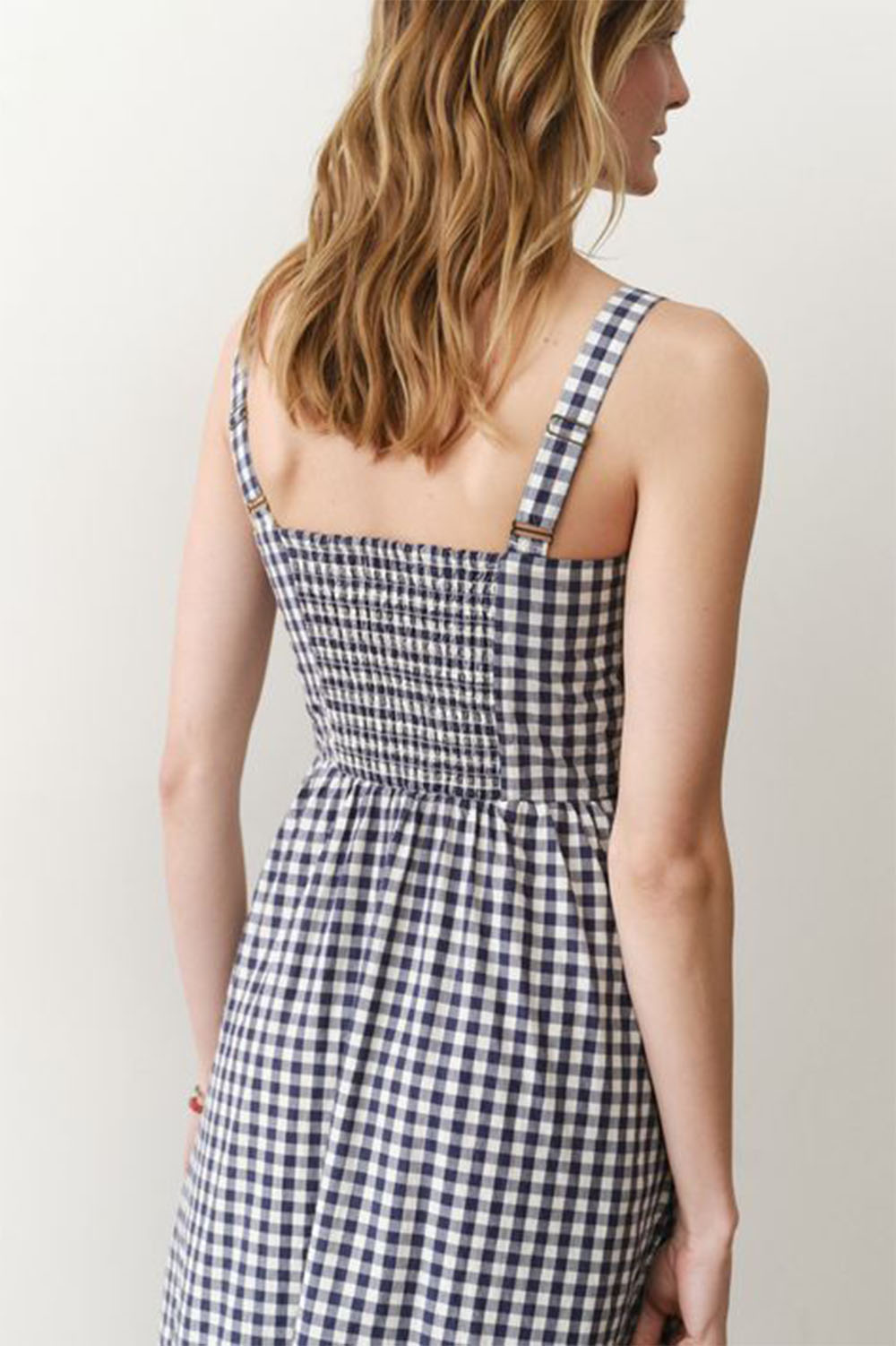 marine layer demi poplin midi dress navy gingham back