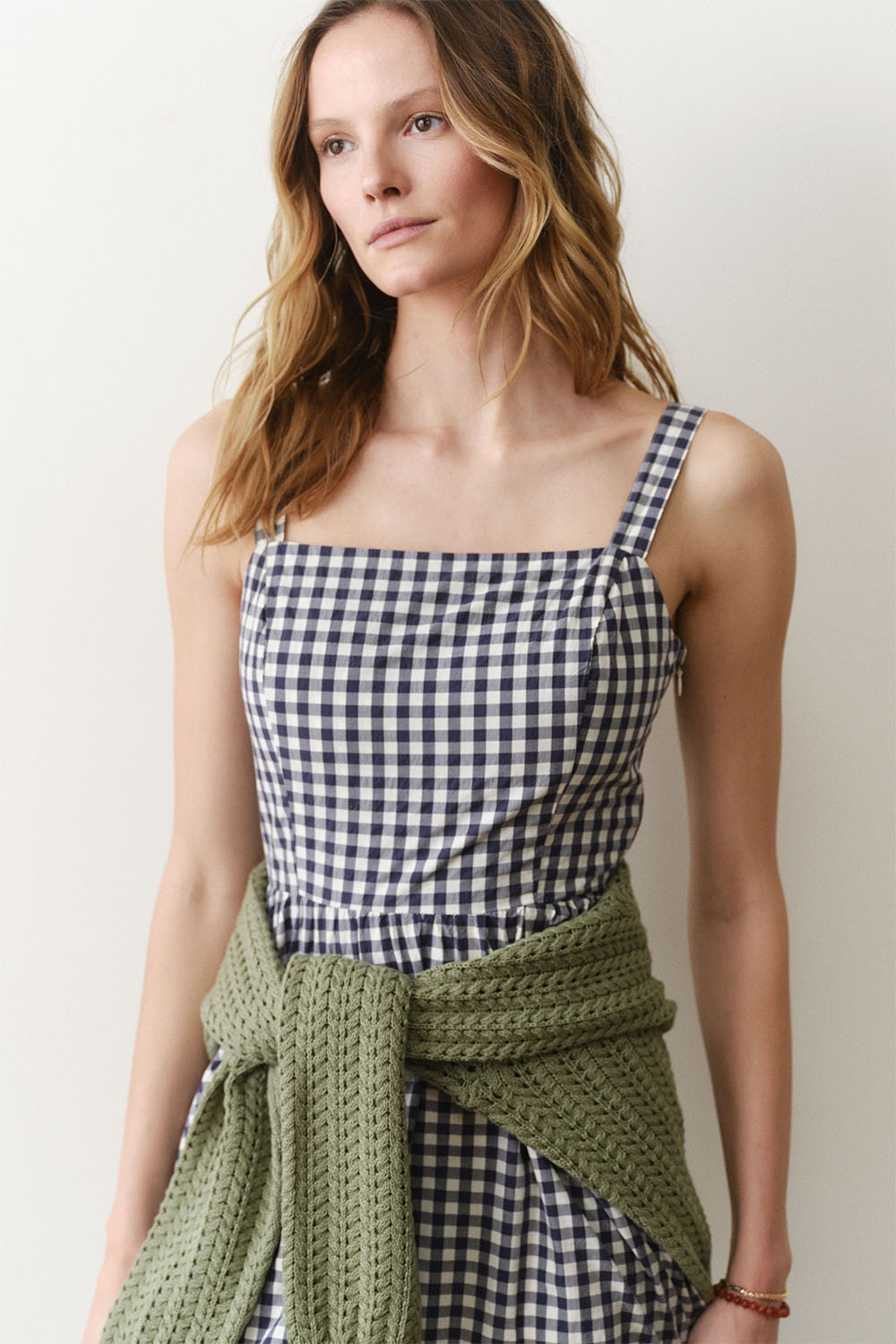 marine layer demi poplin midi dress navy gingham detail