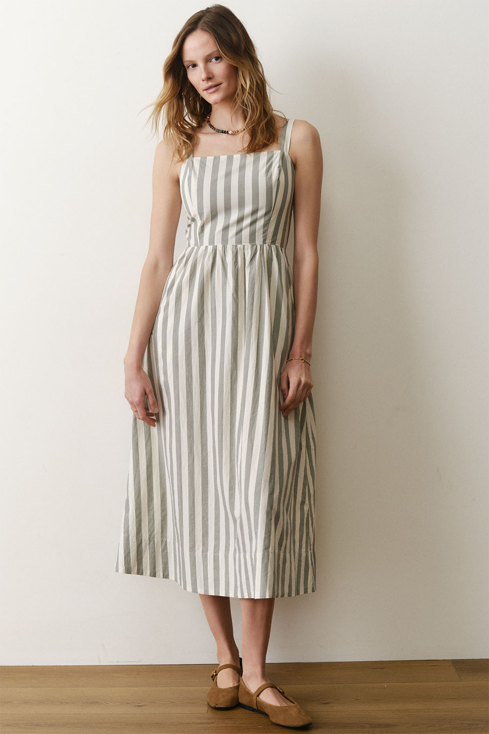 marine layer demi poplin midi dress olive stripe front