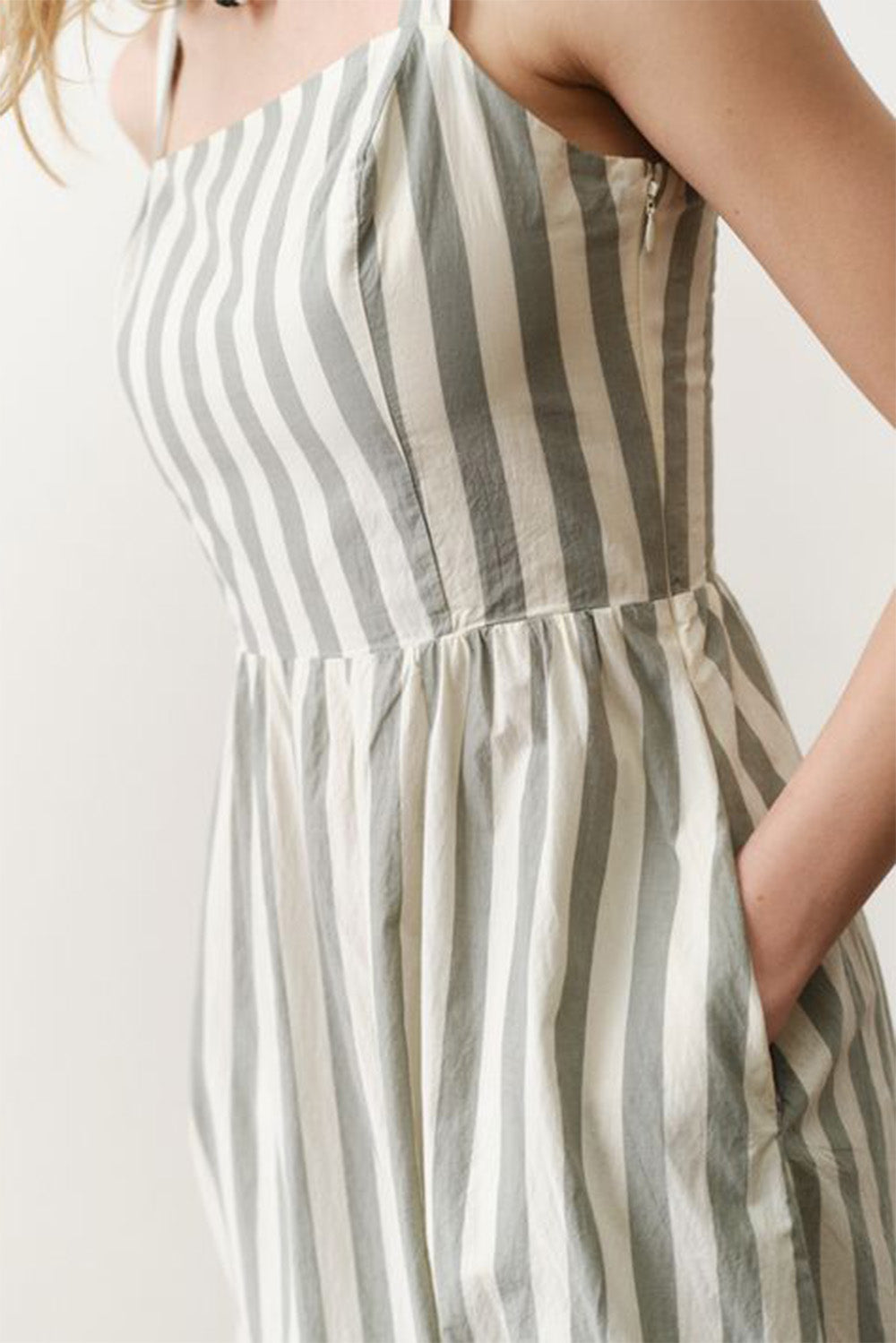 marine layer demi poplin midi dress olive stripe pocket