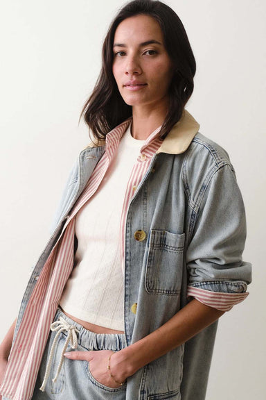 marine layer finley barn jacket light wash front