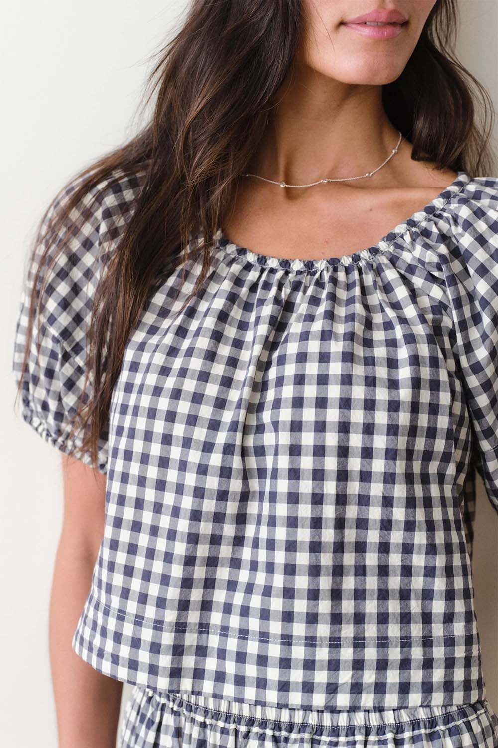 marine layer gia poplin blouse navy gingham detail