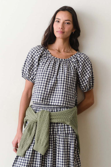 marine layer gia poplin blouse navy gingham front