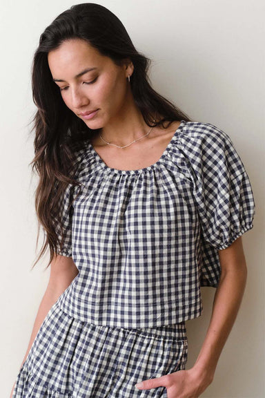 marine layer gia poplin blouse navy gingham profile