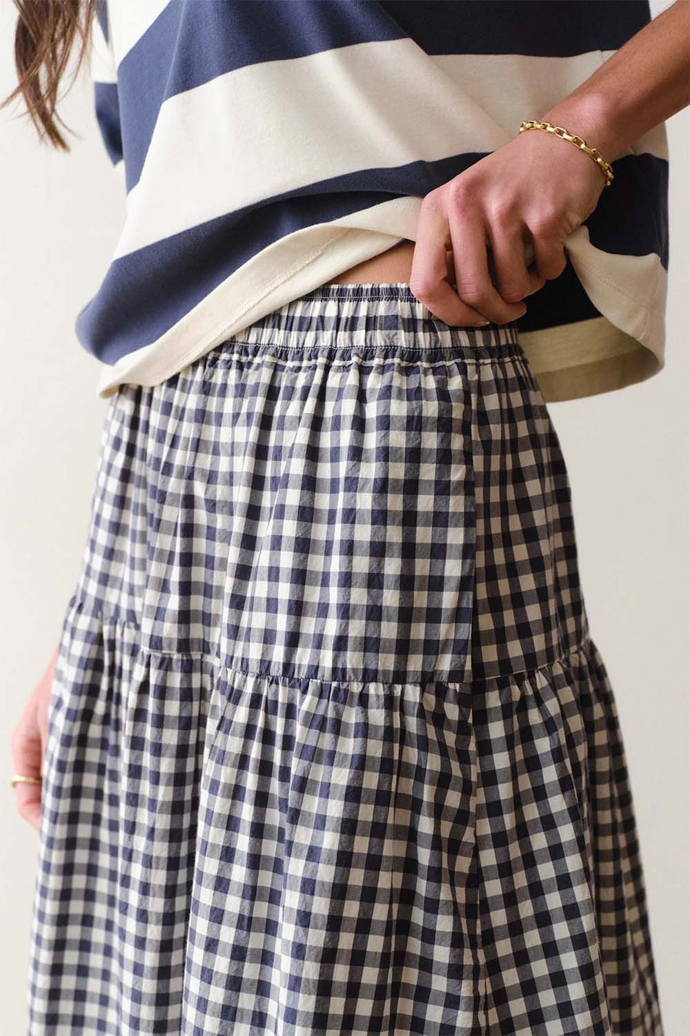 marine layer gia poplin skirt navy gingham detail