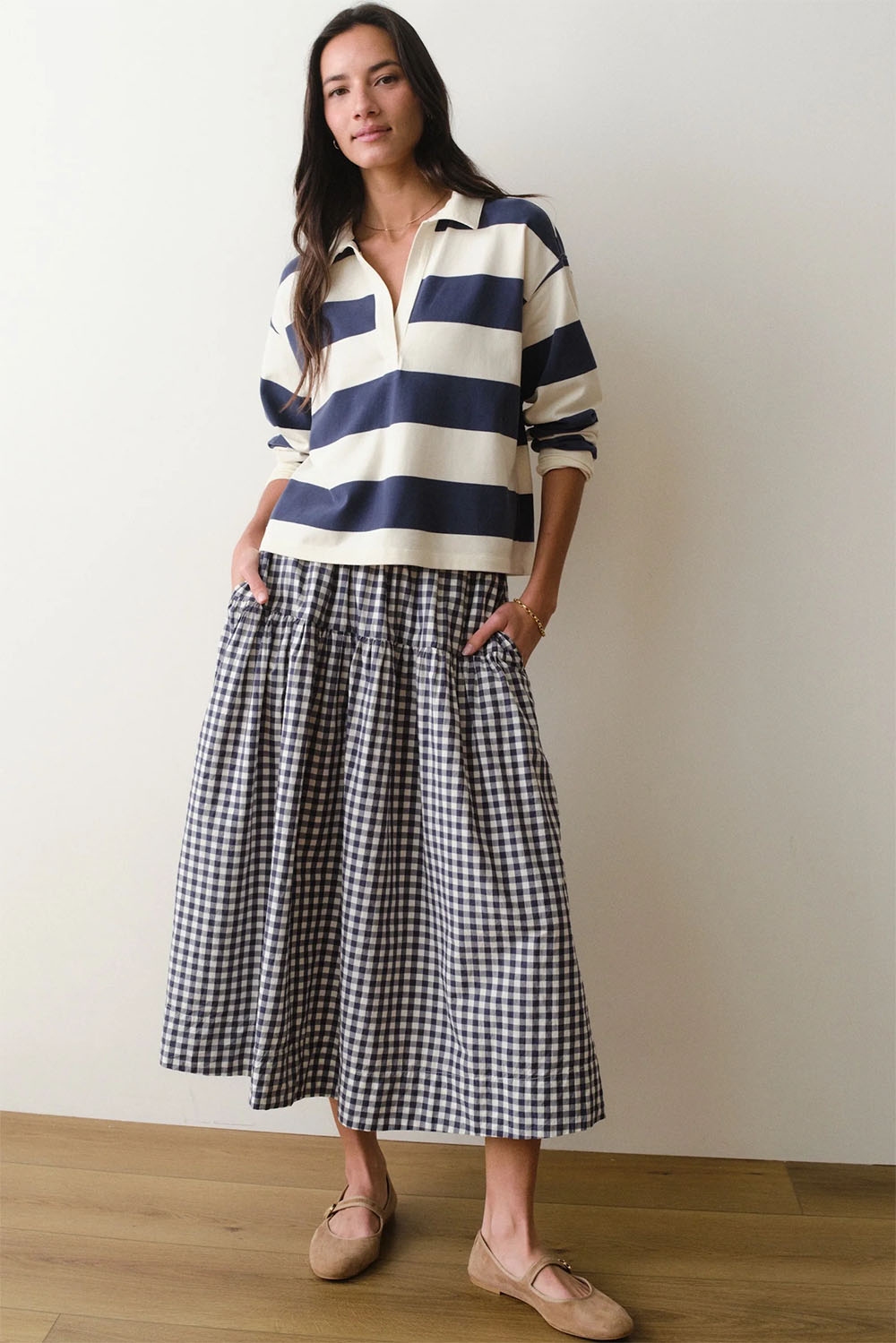 marine layer gia poplin skirt navy gingham front