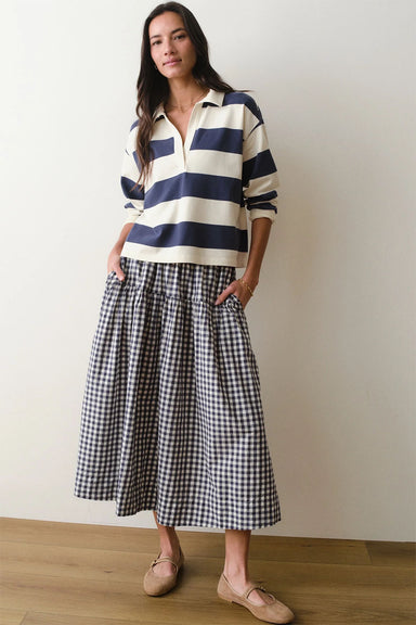 marine layer gia poplin skirt navy gingham front