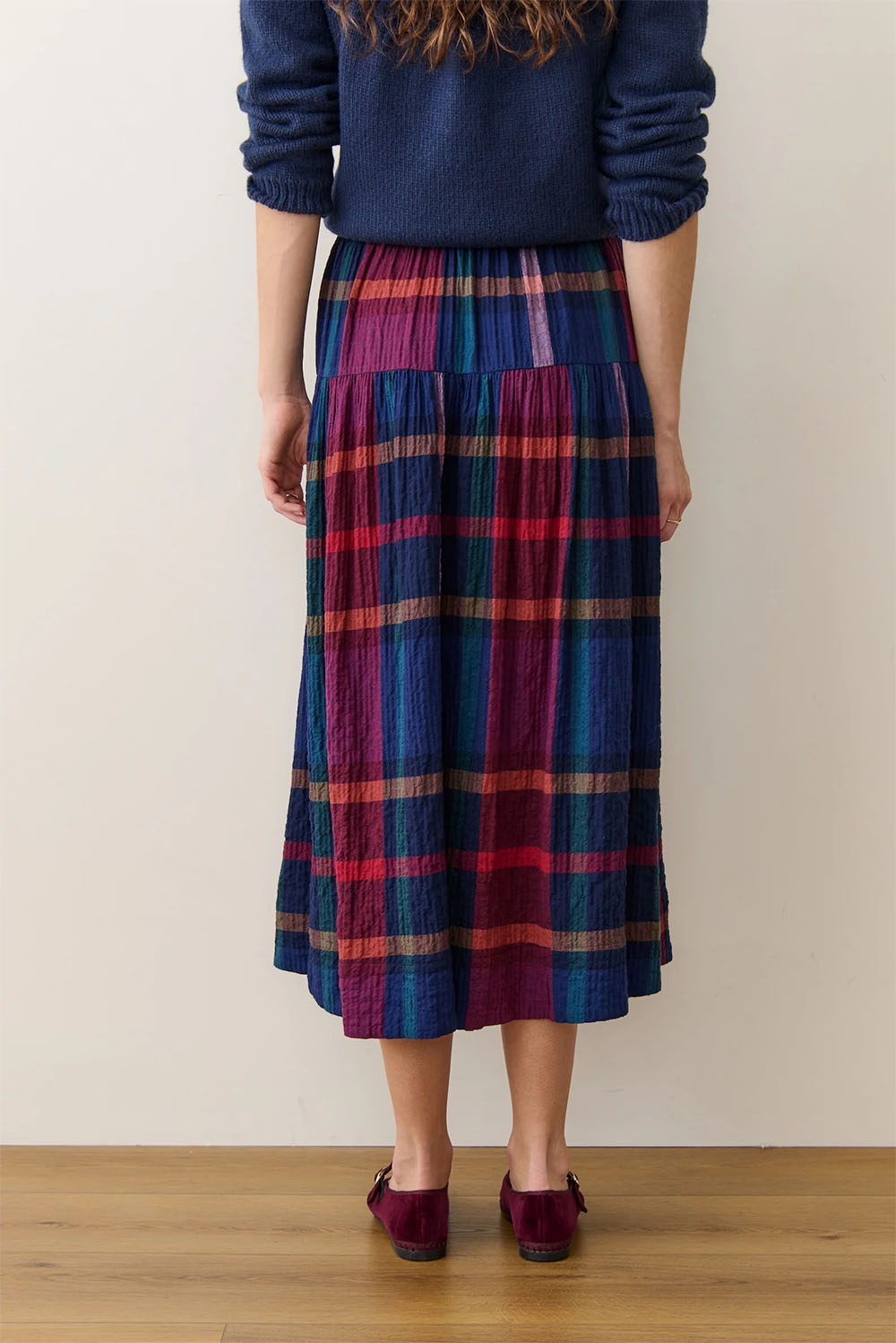 marine layer gia wool midi skirt multi plaid back