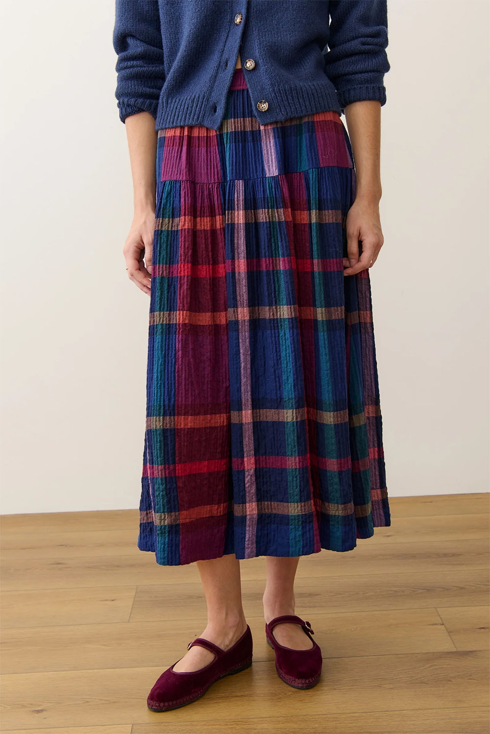marine layer gia wool midi skirt multi plaid front