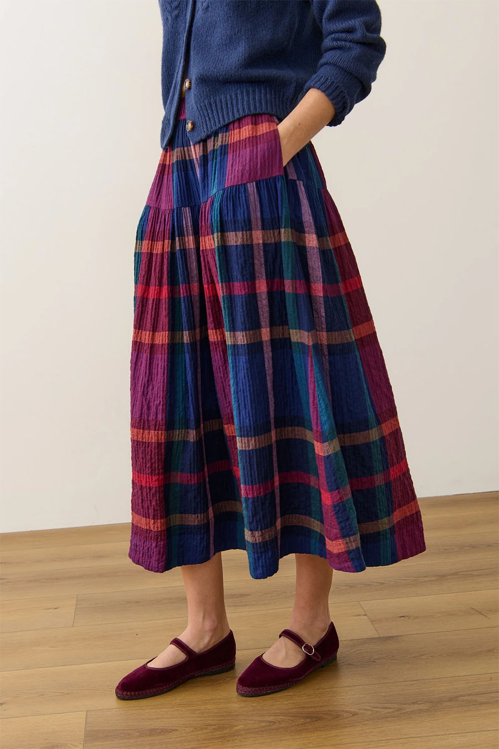 marine layer gia wool midi skirt multi plaid side