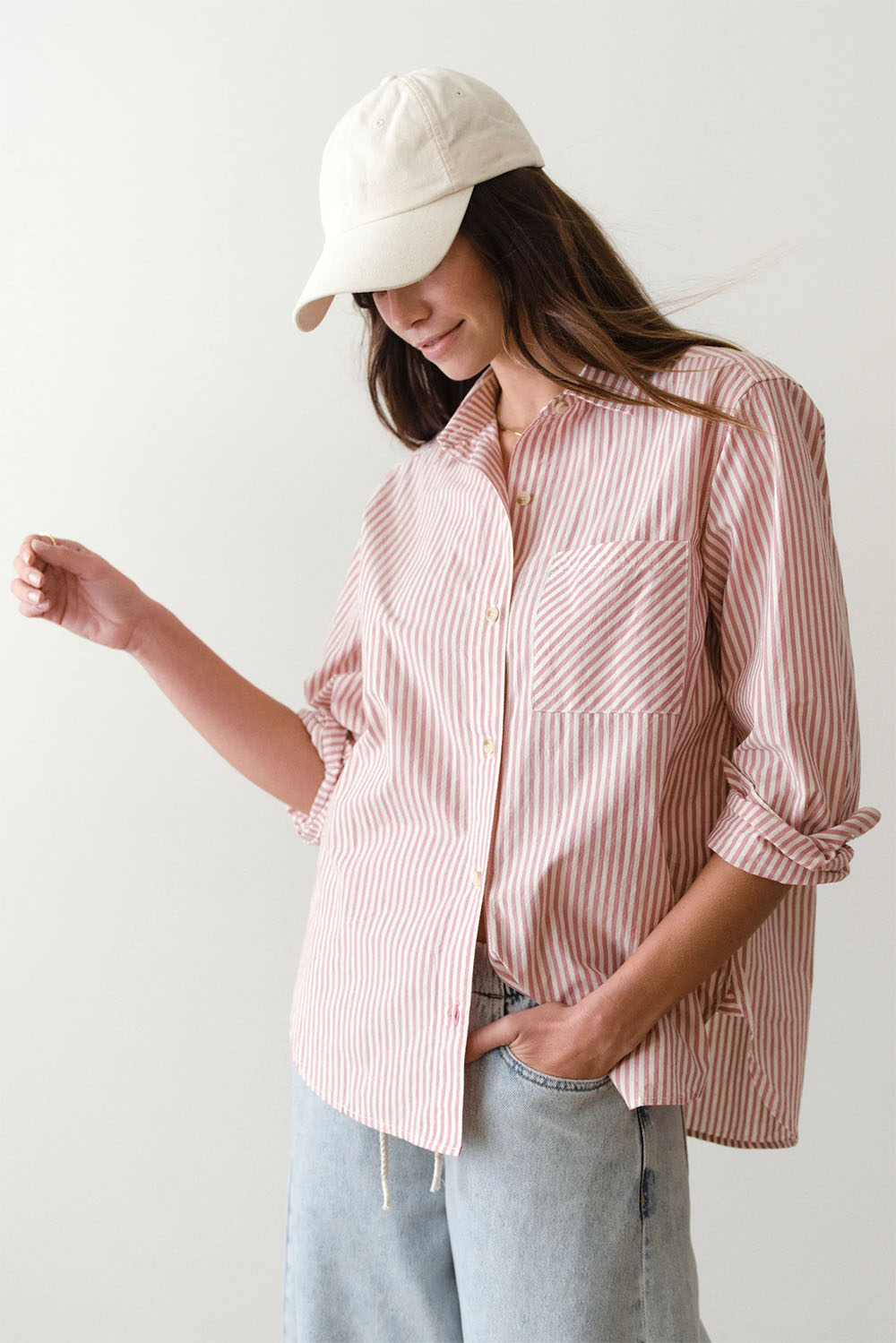 marine layer jane relaxed cali poplin shirt rust stripe side