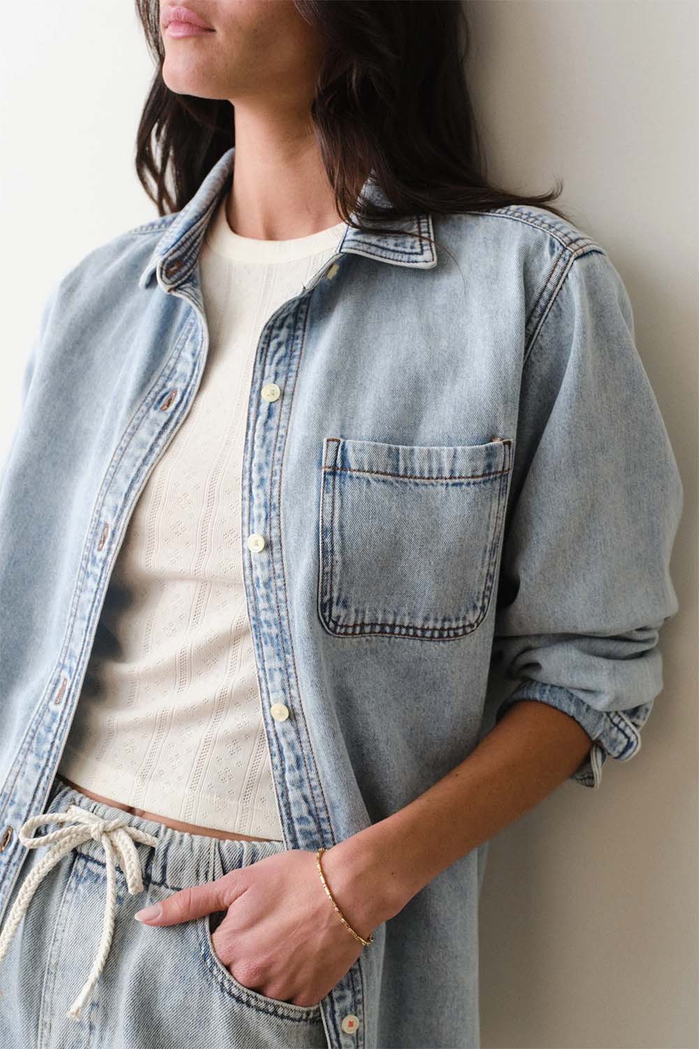 marine layer jane relaxed denim shirt medium wash detail