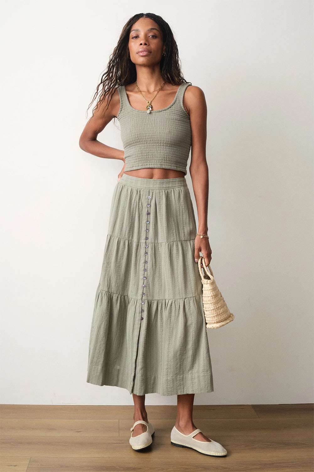 marine layer lana button through skirt sage