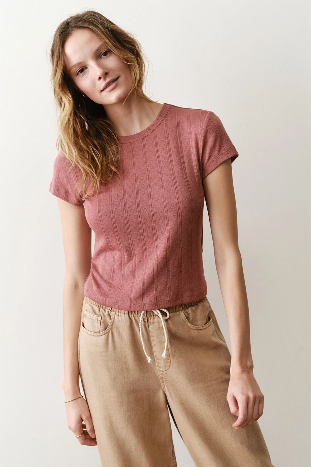marine layer lexi pointelle crew tee dusk rose front