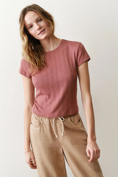 marine layer lexi pointelle crew tee dusk rose front
