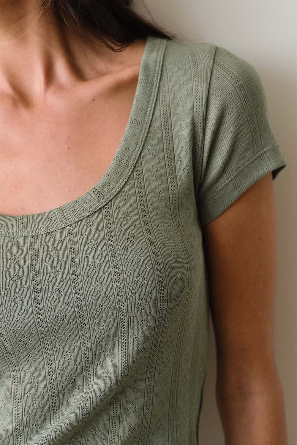 marine layer lexi pointelle scoop tee olive detail