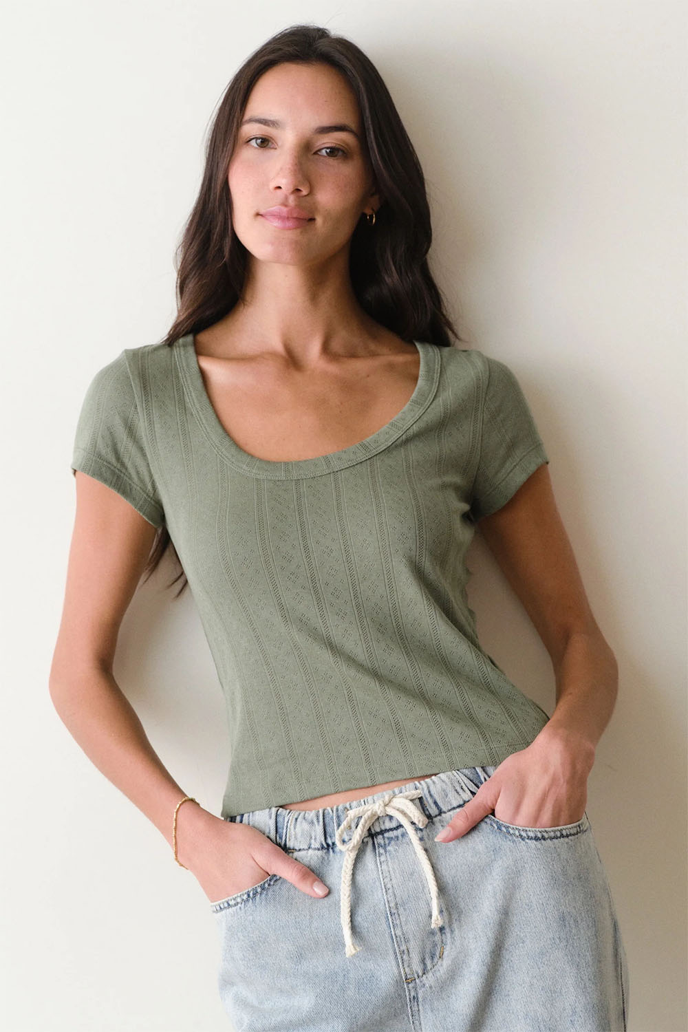 marine layer lexi pointelle scoop tee olive front