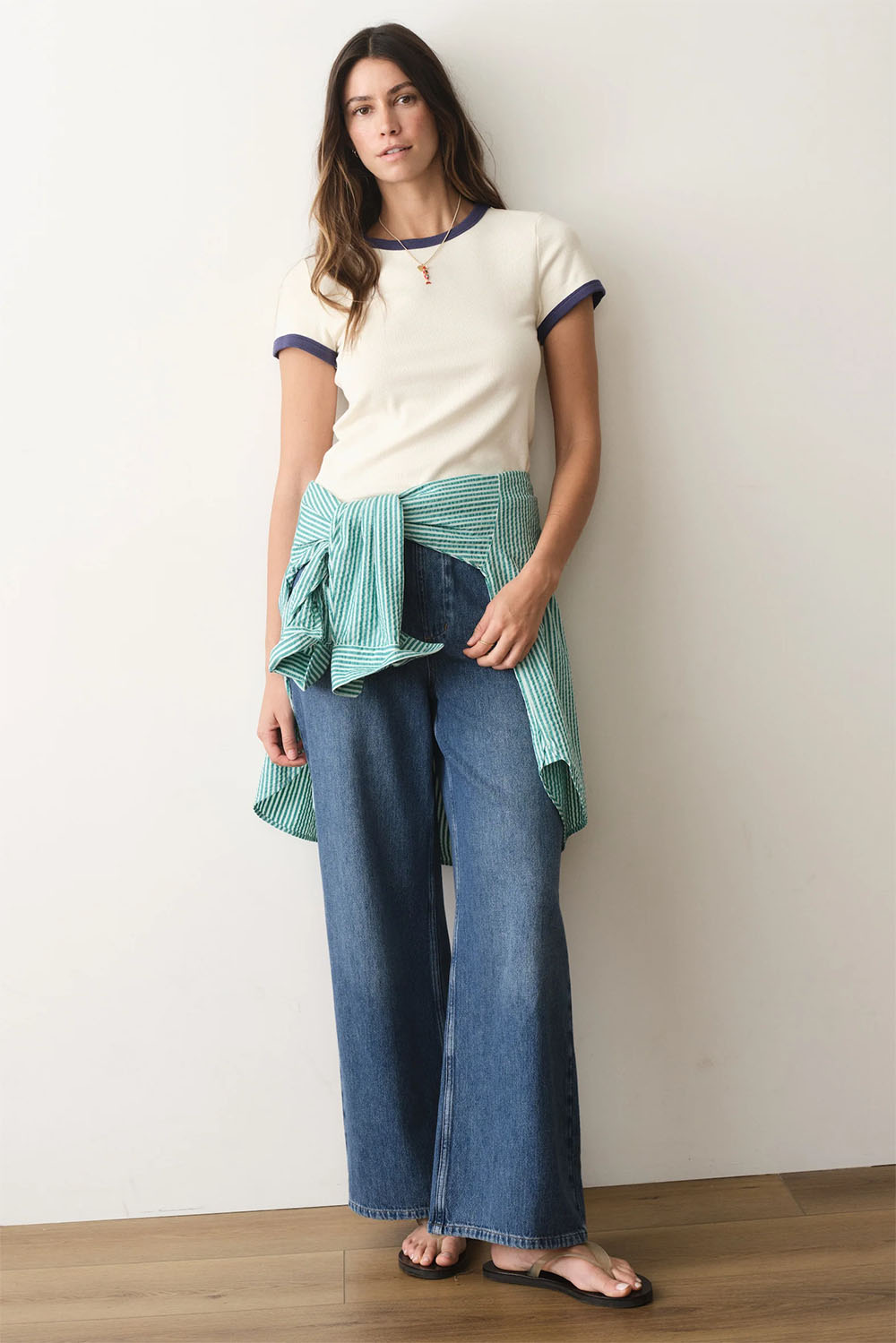 marine layer lexi rib ringer tee cream bay blue