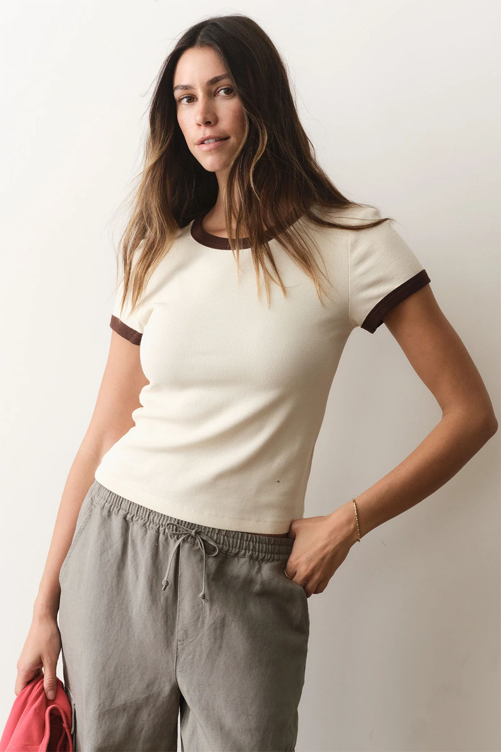 marine layer lexi rib ringer tee cream coffee front
