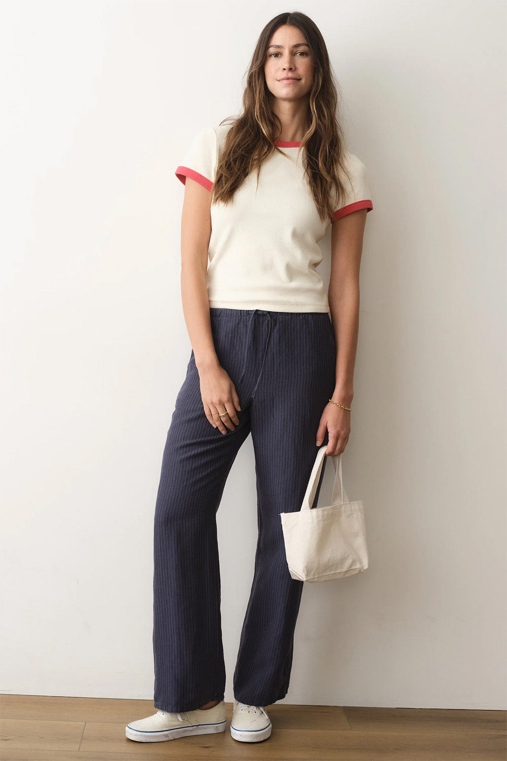 marine layer lexi rib ringer tee cream poppy