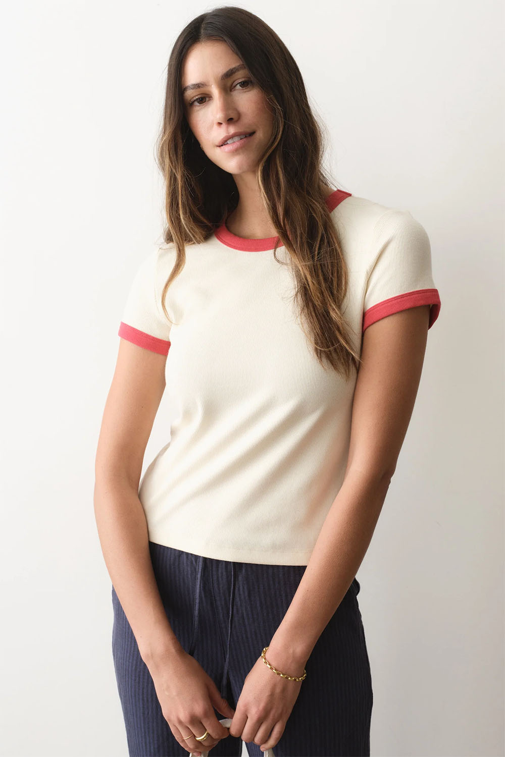 marine layer lexi rib ringer tee cream poppy front