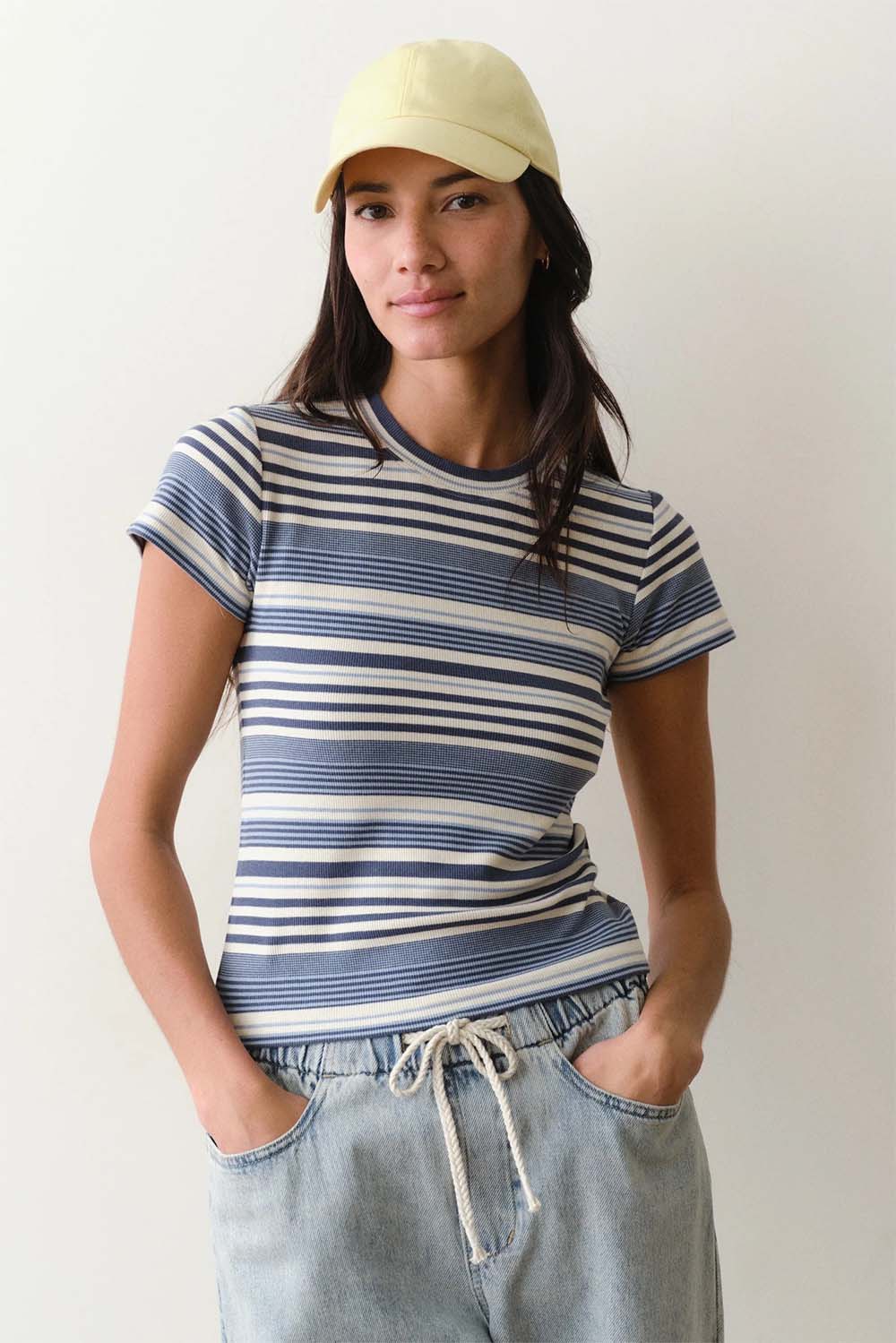marine layer lexi rib sun in crew tee blue stripe front
